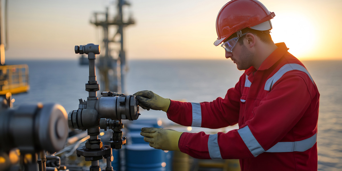 Offshore worker inspects equipment at sunset