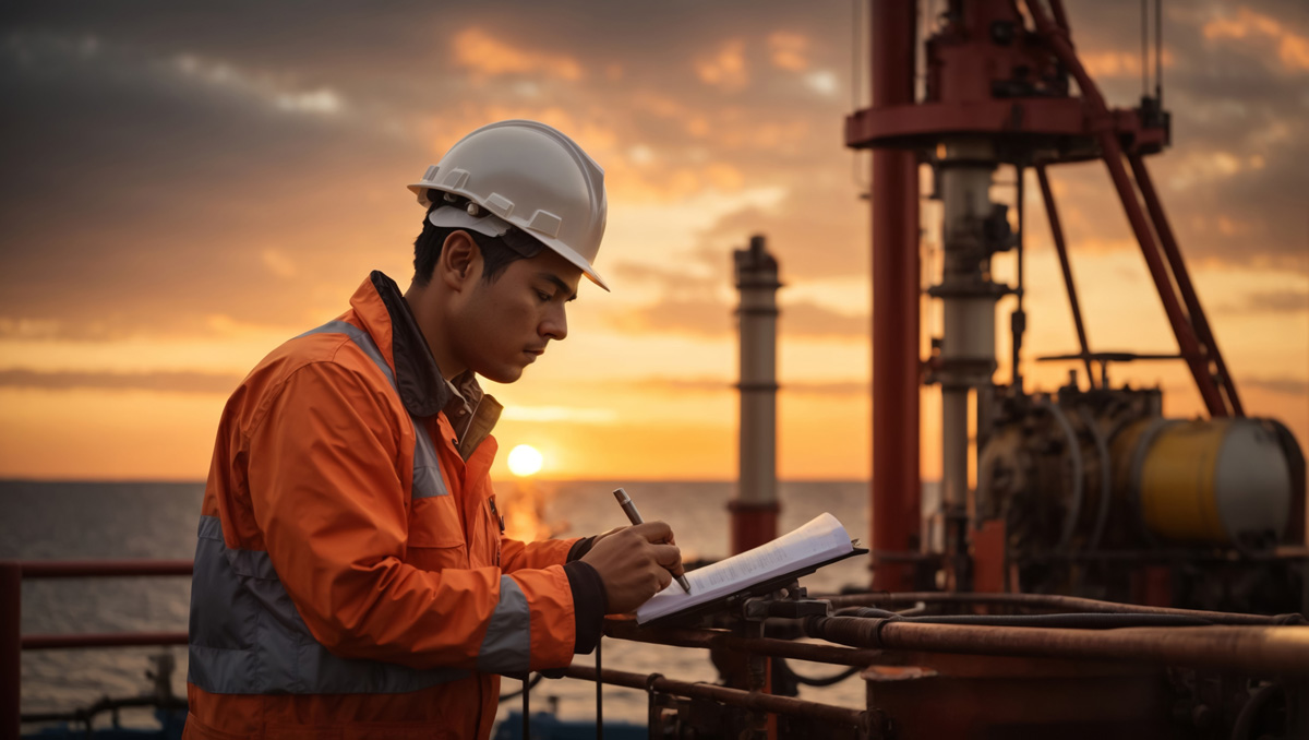 Portrait of a man oil rig worker with a helmet in front of the o