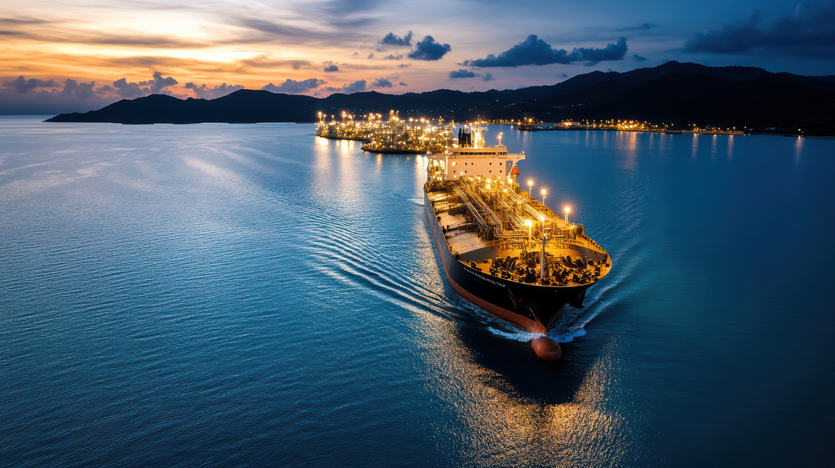 ship navigating towards large oil terminal at sunset, creating serene atmosphere